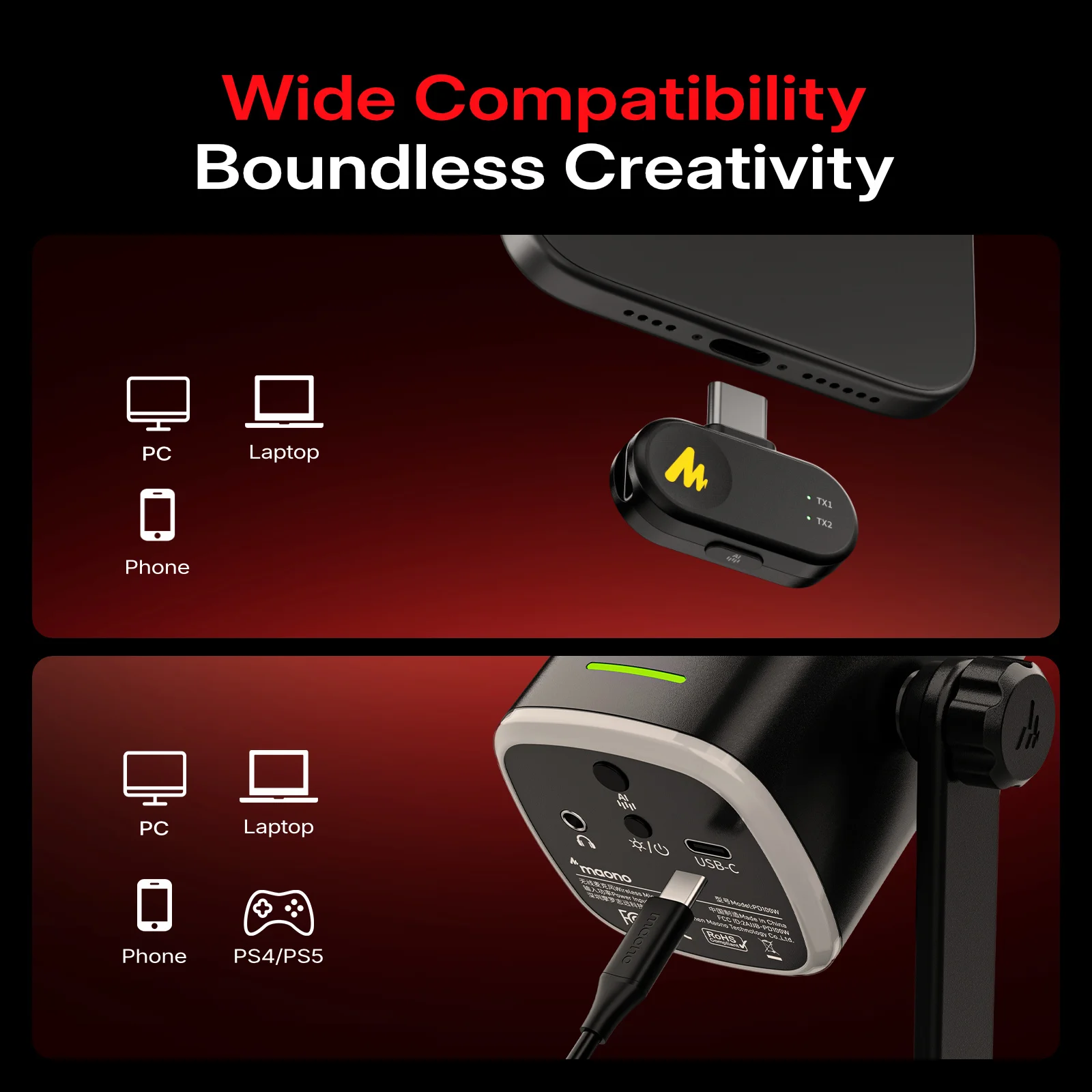 MAONO PD100W 무선 USB 다이나믹 마이크 카디오이드 마이크 원터치 음소거 소음 감소 RGB PC 게임용 라이브 스트리밍