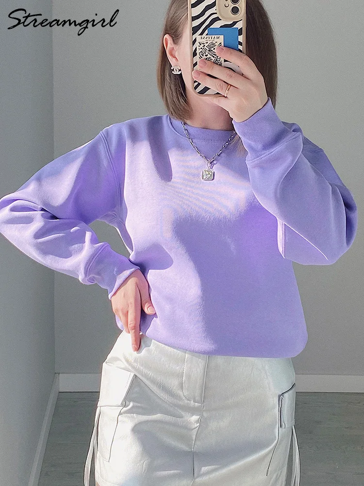 Streamgirl Winter Warm Sweatshirt Women Oversize Basic Pullovers Loose Thick Velvet White Fleece Sweatshirts For Women Outerwear