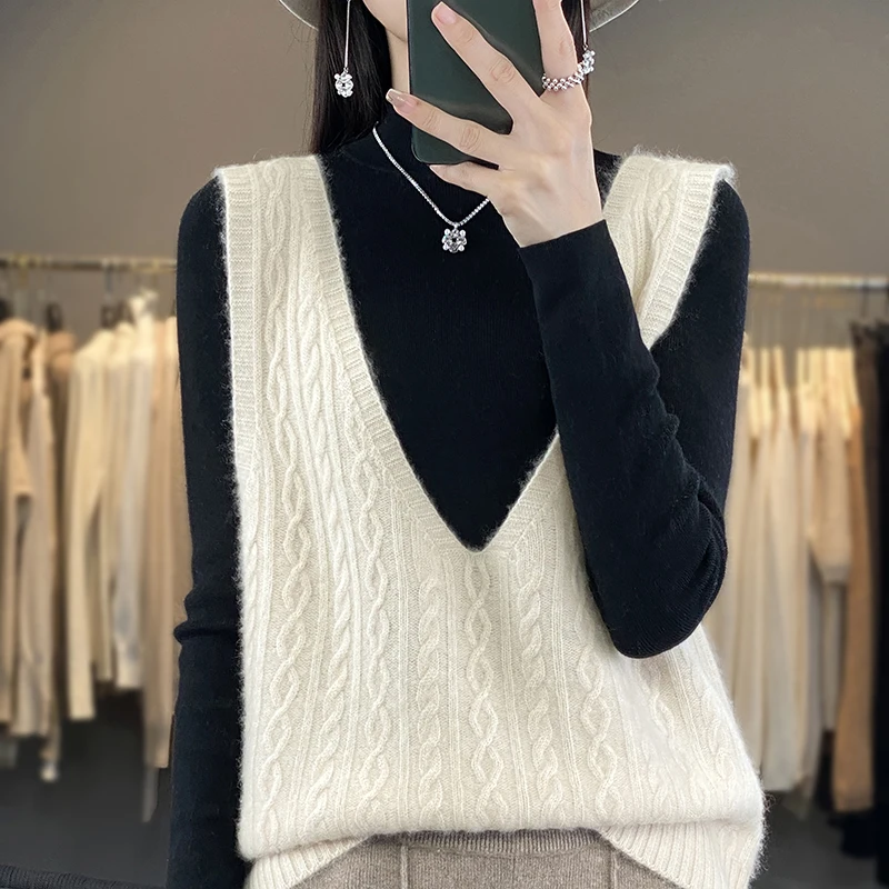 Autumn And Winter New V-Neck 100% Pure Wool Vest Knitted Sweater For Women Loose And Slimming Solid Color Vest Knitted Top