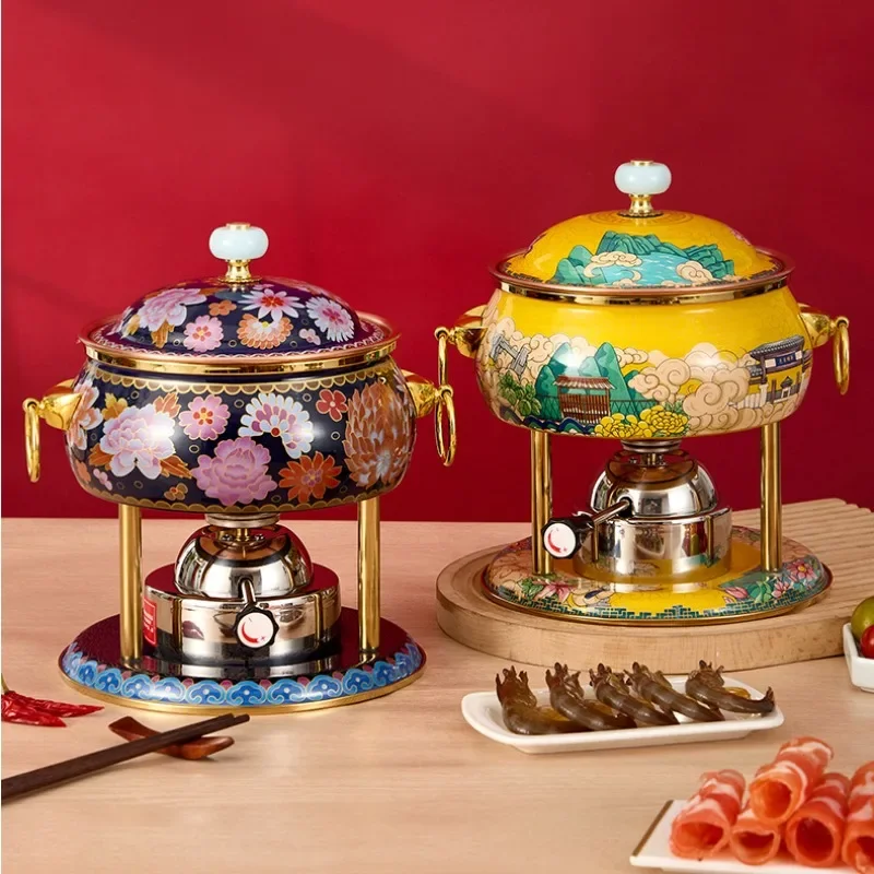 Cloisonne Hot Pots Inflatable Small Hot Pot One Person, Single Buffet Seafood Copper Pot, Stainless Steel Gas Stove Chafing Dish