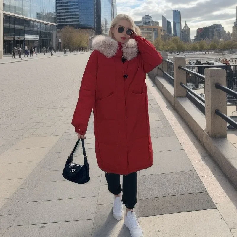

2025 Winter Women's New Long Cotton Jacket Female Fur Callor Warm Parkas Coats Women's Knee Length Jacket Women's Clothing 2025