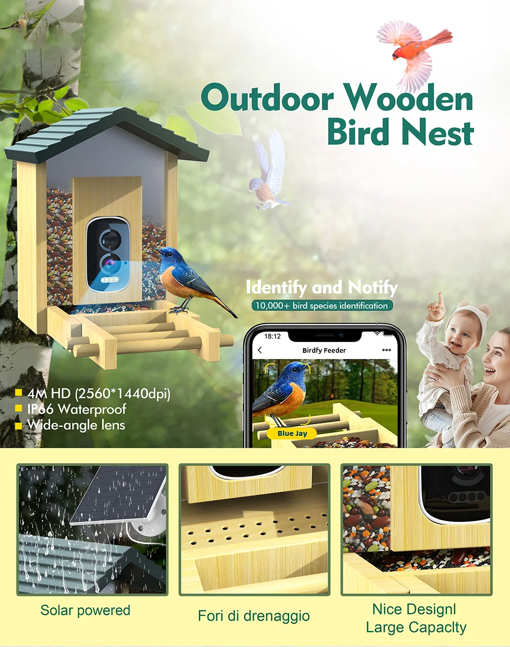 5MP Mini Solar-powered Night Vision Bird Feeder Camera Wireless HD for Home Smart Network Identifying Birds
