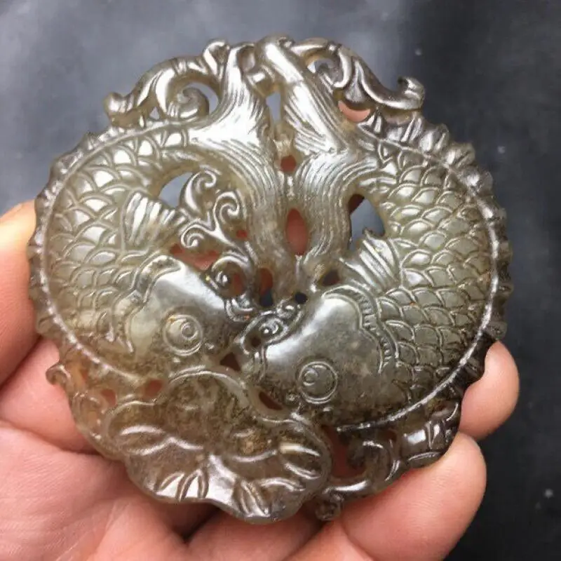 

Chinese collection antique jade carving hollowed double fish statue hanging ornament handle pieces feng shui auspicious craft