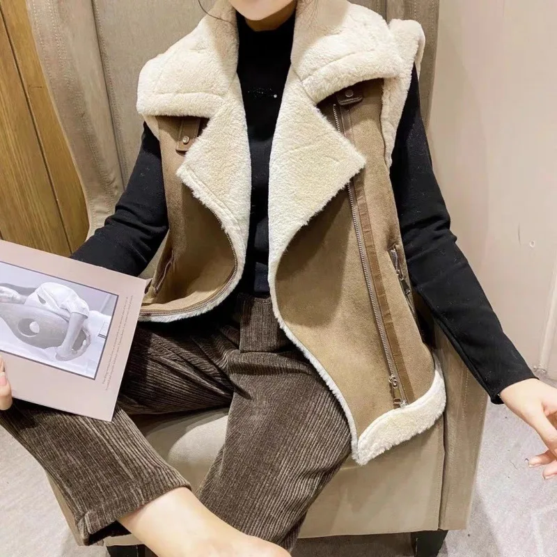 Women Fleece Vest Autumn Winter Female Waistcoat Sleeveless Jacket Ladies Warm Thick Zipper Coat Vintage Lamb Wool Outerwear