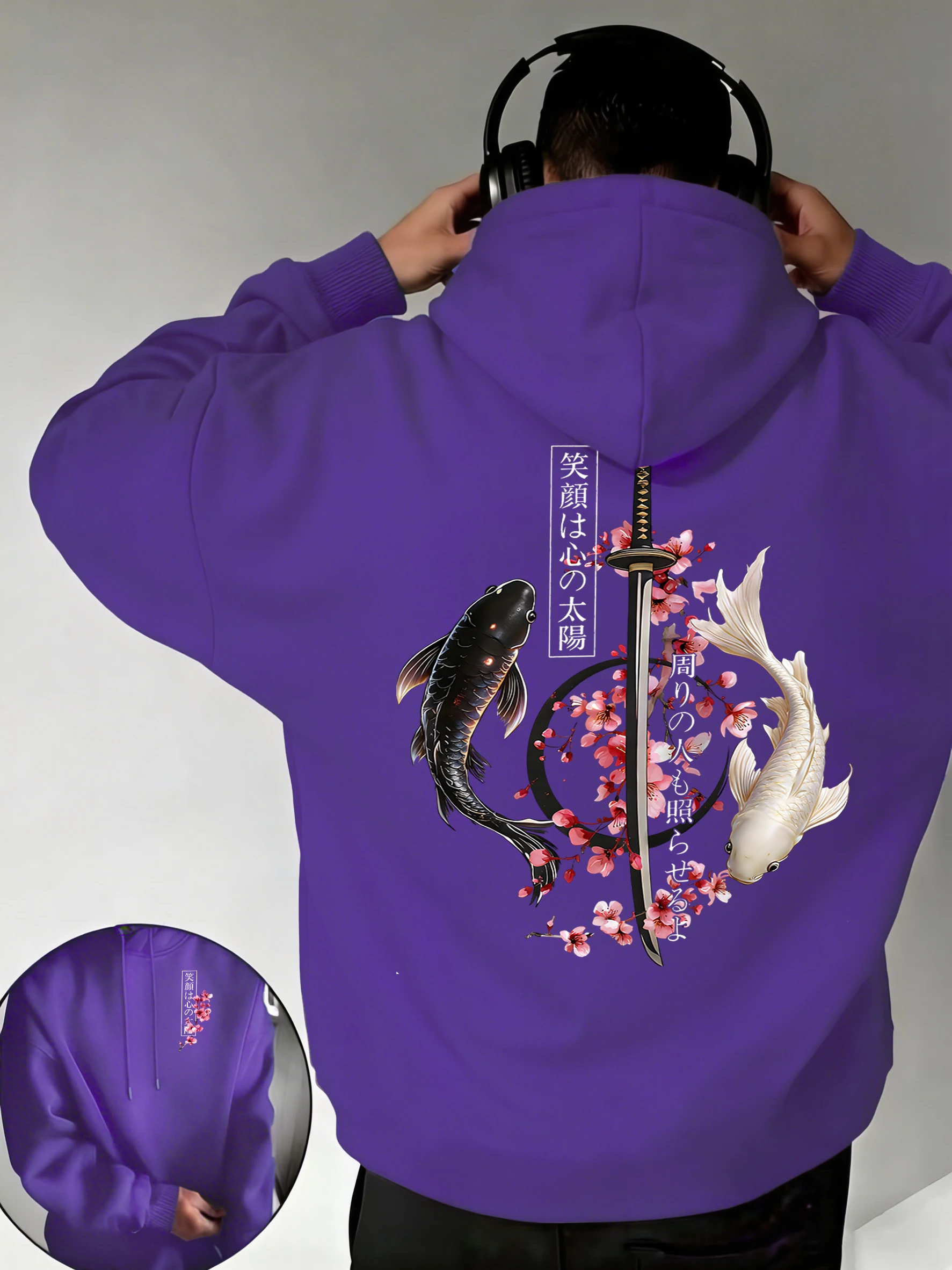 

Черно-белый пуловер с принтом Koi Cherry Blossom Sabre, мужской флисовый худи в японском стиле, повседневная свободная модная одежда, спортивная одежда с карманами