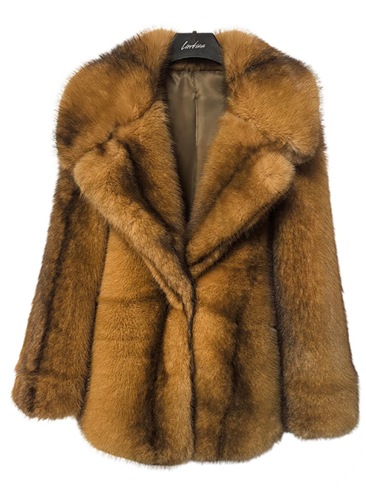 سترات سميكة شتاء جديد DEAT موضة براون فو الفراء معطف المرأة التلبيب فضفاضة تناسب طويلة الأكمام مغطاة مشبك أفخم #3