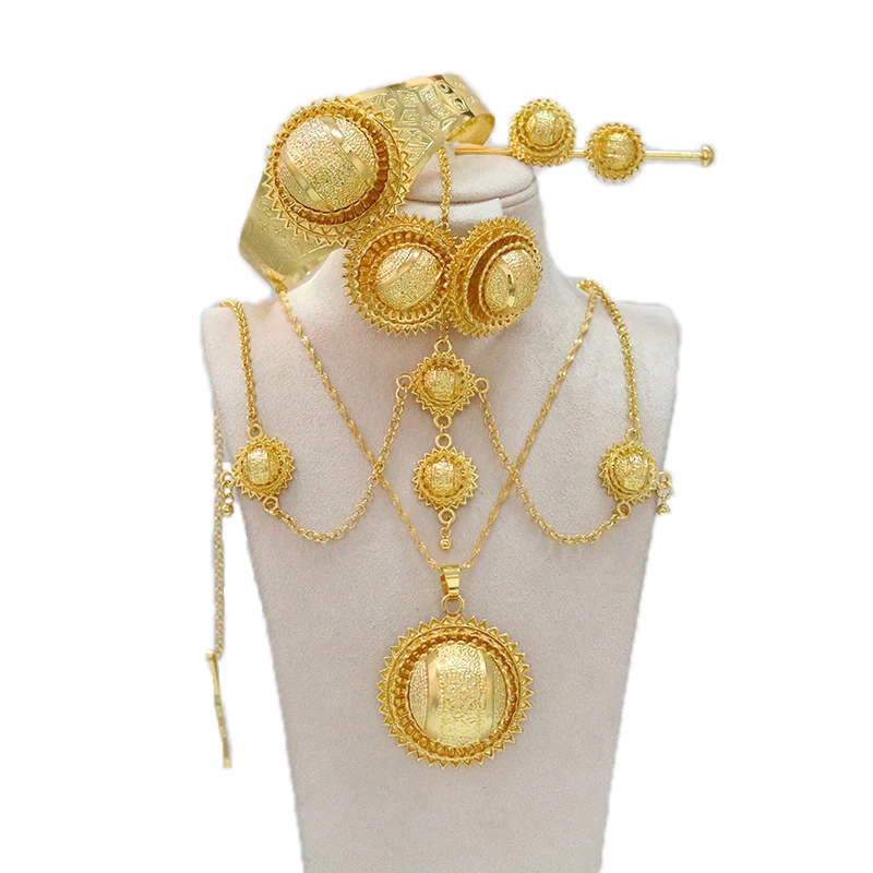 

6 Pieces/Wholesale Chuck Chain Ring Earrings Dubai Gold African Jewelry Set Women Eritrea Ethiopia Habesha Bridal Wedding Gift