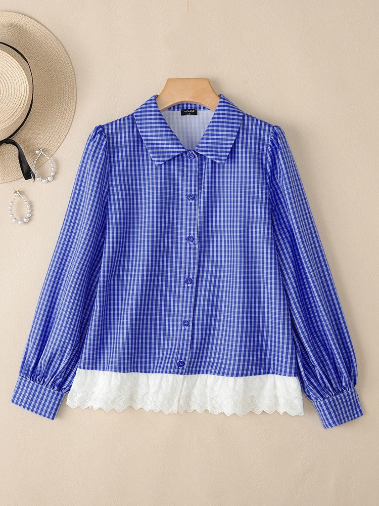 VONDA Elegante Vrouwen Lange Mouwen Mode Plaid Blouse Herfst Kant Patchwork Knop Stijlvolle Koreaanse Tops Tuniek Blusas