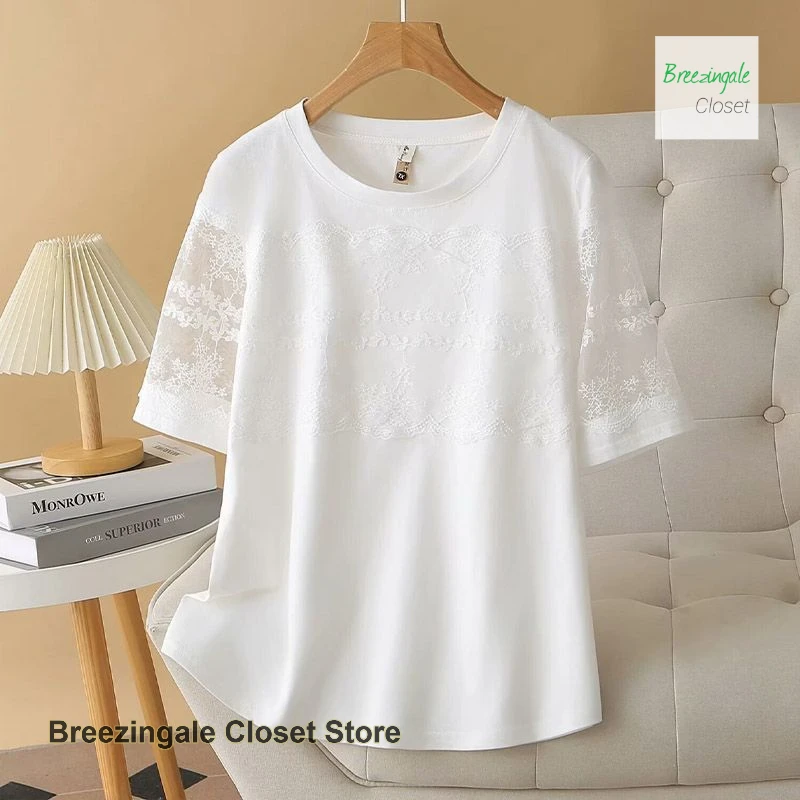 French style solid color fashion plus size short sleeve T-shirt women's summer new lace design stitching temperament top.