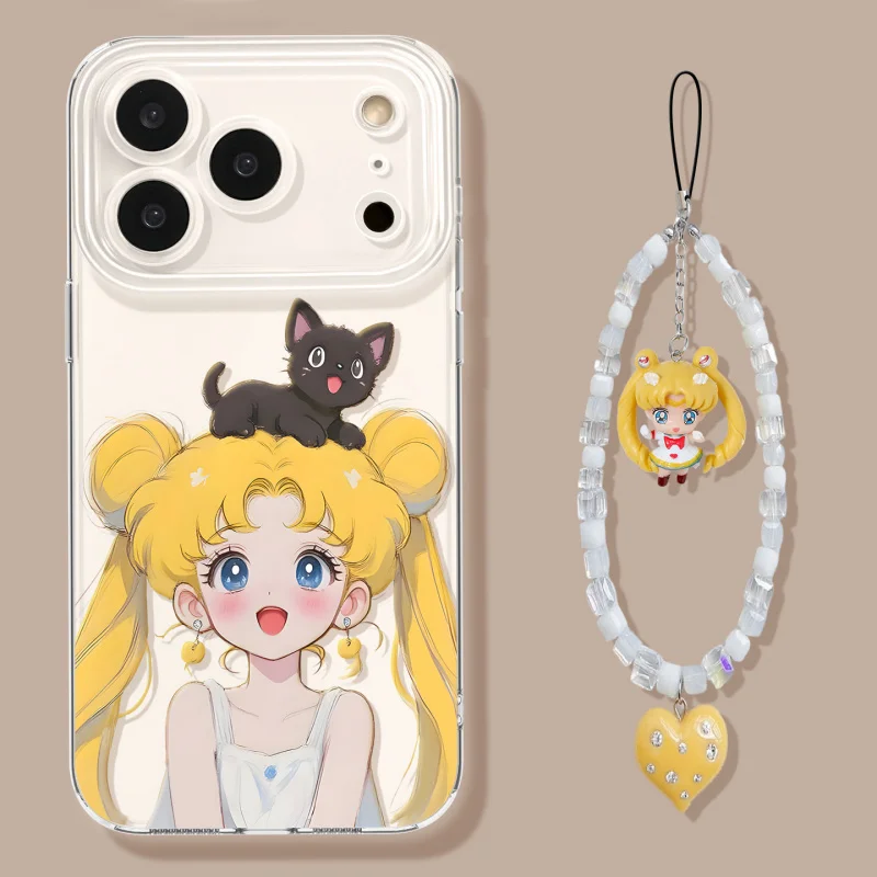 Anime Sailor Moon Transparent Phone Case for iphone 17 Pro Max 16 15 14 13 12 11 Kawaii Cartoon Shockproof Cover with Lanyard