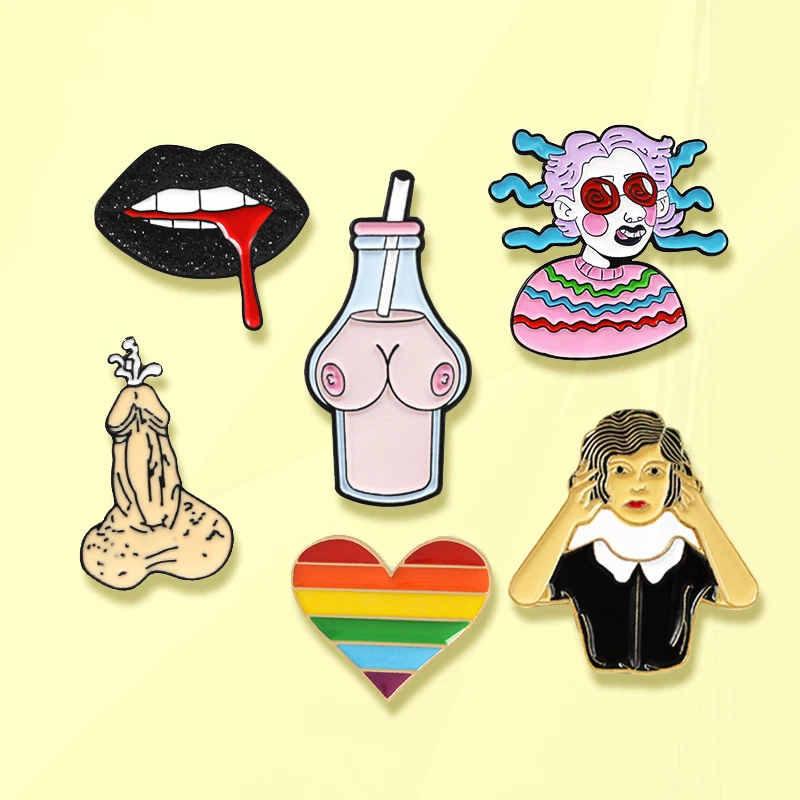 Rainbow Heart Broochk Milk Bottle Breast Black lips Sexy Broochs Badge Jewelry Fashion Lesbian Gay  Pin Male Genital