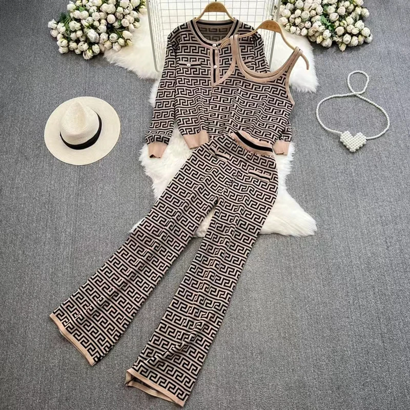 

Fashion Knitted Three Piece Set Women Autumn Winter Cardigan +Tank Top + Pants Suit Outfits