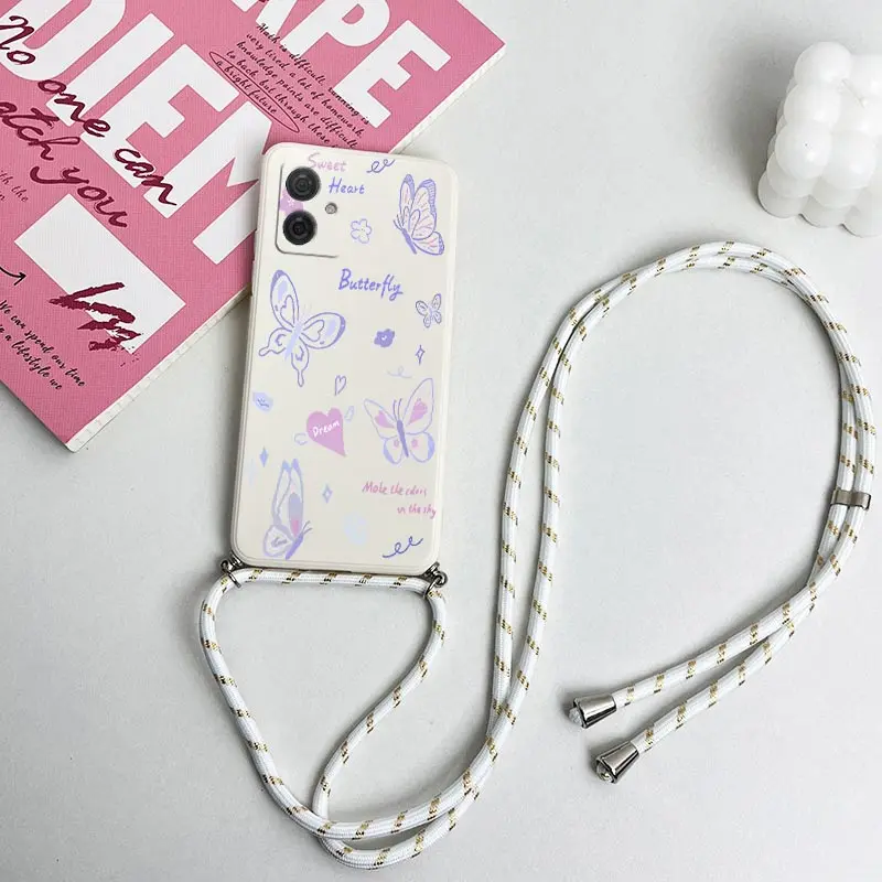 G 54 Purple Butterfly Lanyard Silicone Phone Case dla Motorola Moto G54 G50 G42 G52 G20 G84 G100 G53 G72 G34 G22 G24 G14 Cover — zdjęcie 5