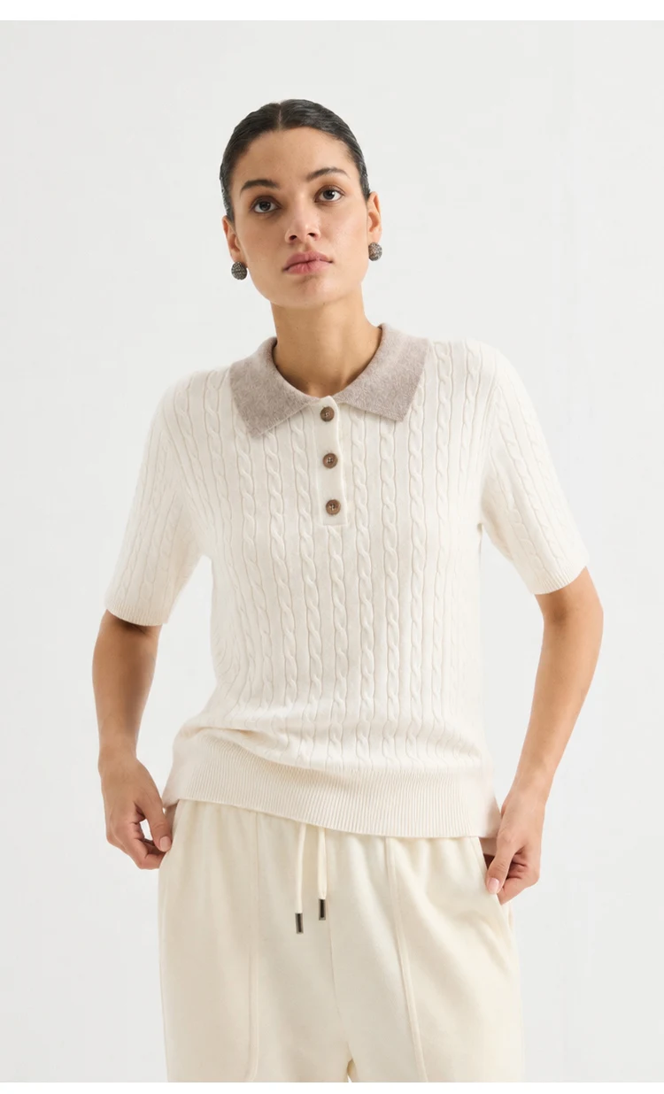 MZ62085 Damen-Pullover im Preppy-Stil mit Polokragen, Zopfmuster, kurzen Ärmeln, Kontrastkragen, Knopfdetails, Modal-Mischung, Oberteil für den frühen Herbst – Detail 6