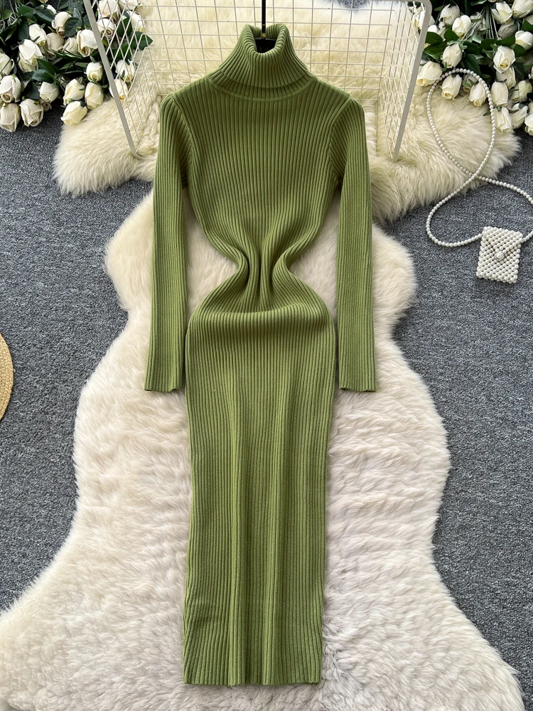 High Ne Knitted Dr Women's Tight Fit Waist Cinching Slimming Vertical Stripe Sweater Dr Korean Sle High Waist A-Lin...