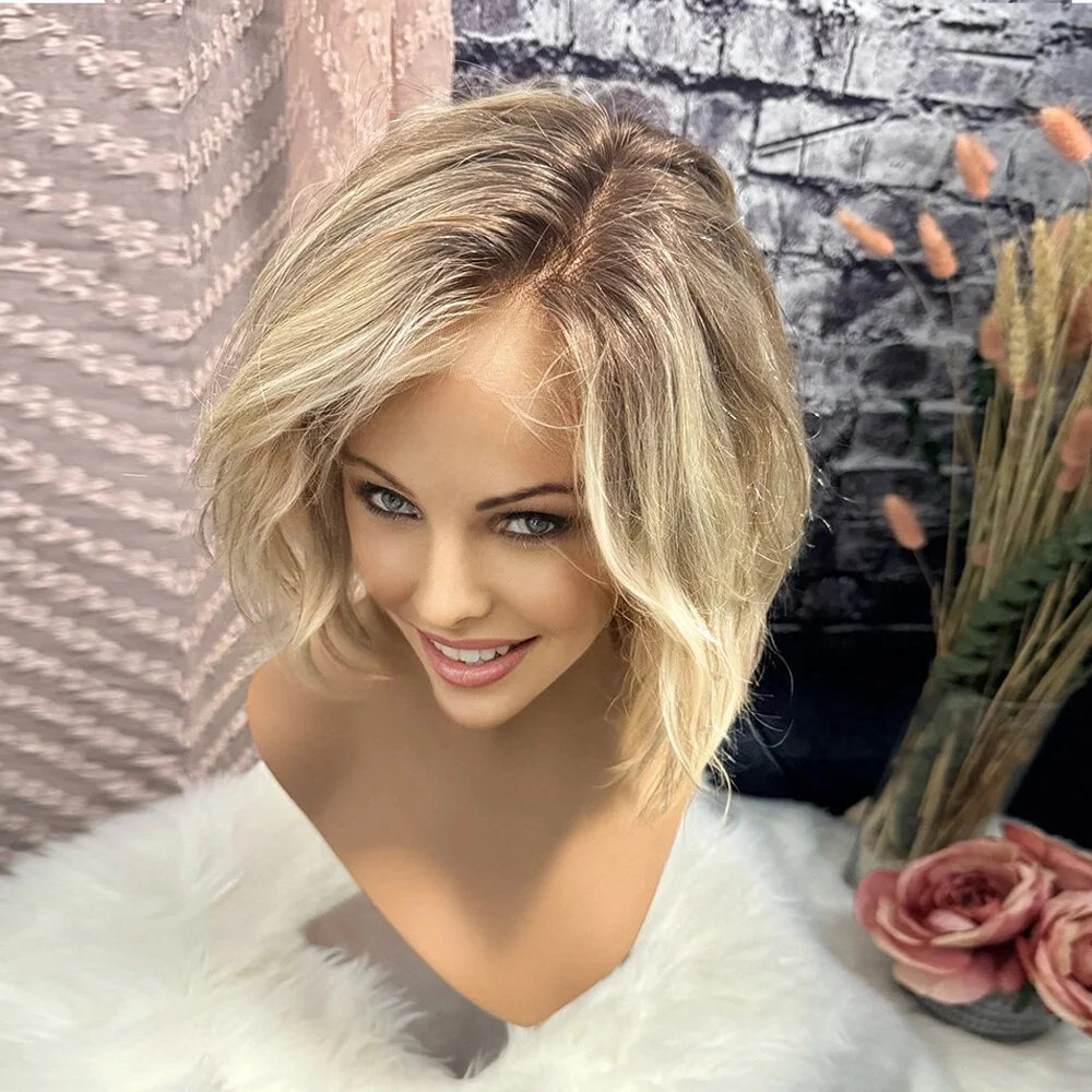 Ombre Blonde 13x4 Lace Front Wig Pre Plucked Synthetic Bob Short Premium Fibre Glueless Natural Looking Wave Wig for Daily Use