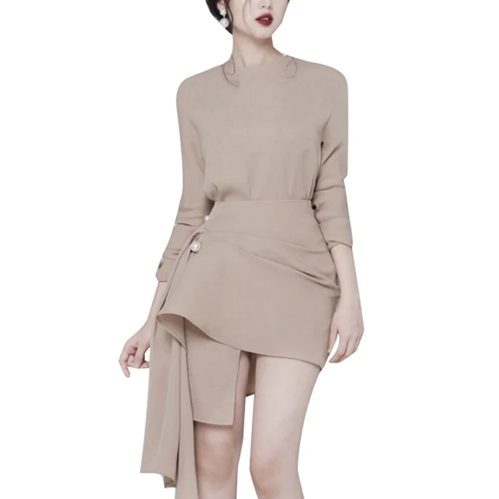 Office Work Wear Sets Skirt Long Sleeve Two Piece  Style Irregular Body-con Dress