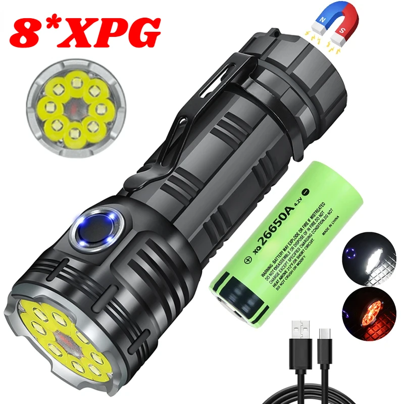 

High Power 8 * XPG Beads Lantern LED Flashlight USB Rechargeable Tail Magnet Clip Torch Waterproof Portable Mini Lighting Lamp