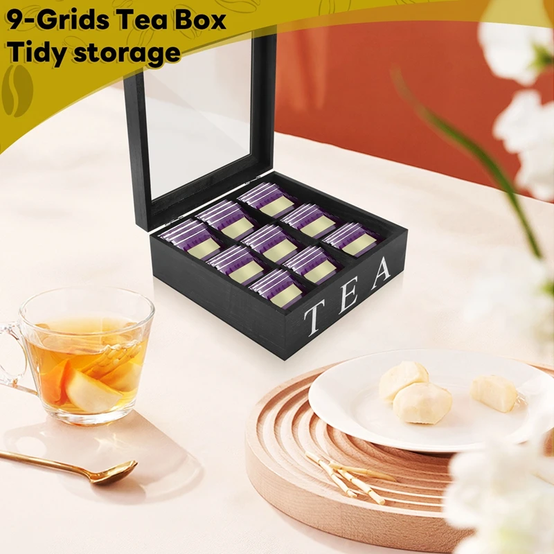 Wooden 9 Grids Tea Box Tea Bags Container Storage Box Square Gift Box Case Transparent Top Lid Jewelry Storage Box