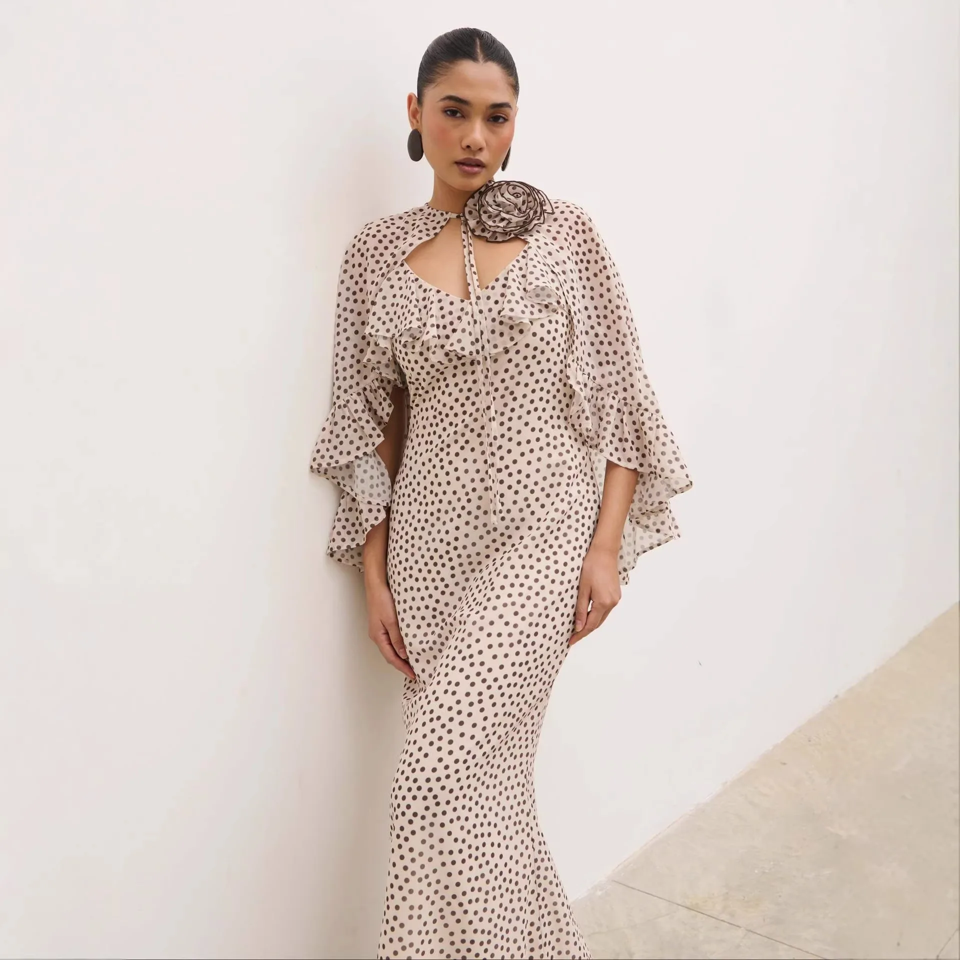 V Neck Polka Dot Dress Women Sleeveless Ruffle Cape Dress Bodycon Slim Fit Jumpsuit Playsuit Matching Set