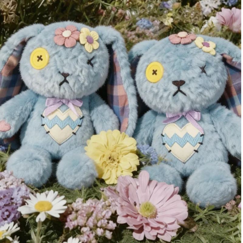 Plushie Dreadfuls Light Blue Soft Bunny Plush Toy Stitched Love Heart Checkered Long Ear Trendy Collectible Gift For Adult Toys