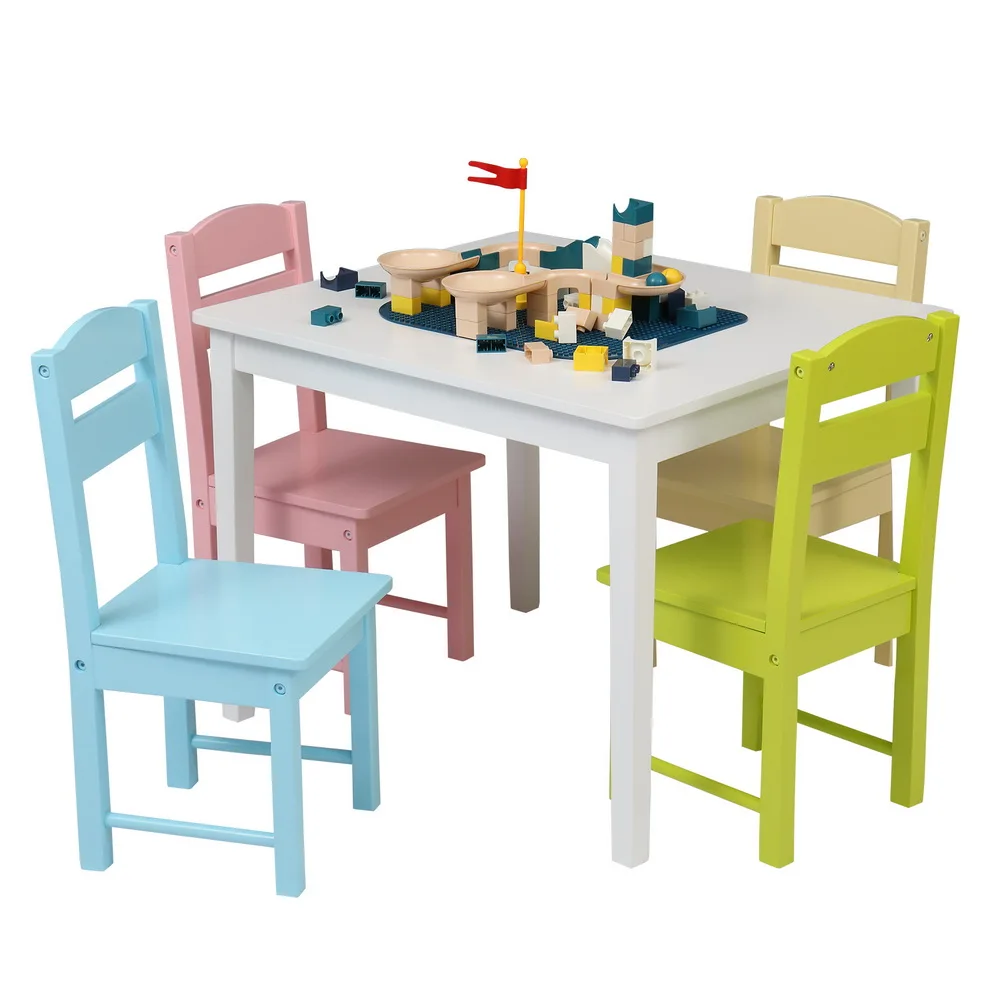 Children's Wooden Table Chair Set Include 1 Table 4 Chairs Pine P2 Density Board Colorful Natural Color[US-Stock]