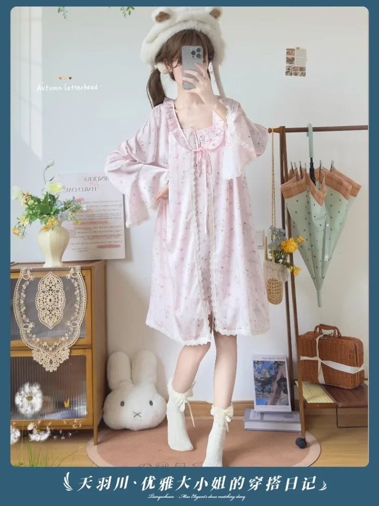 Sweet Floral Print Women Nightgown Ruffle Trim Spaghetti Strap Built‑in Bra Pads Soft Loungewear Wear‑outside Sleep Dress