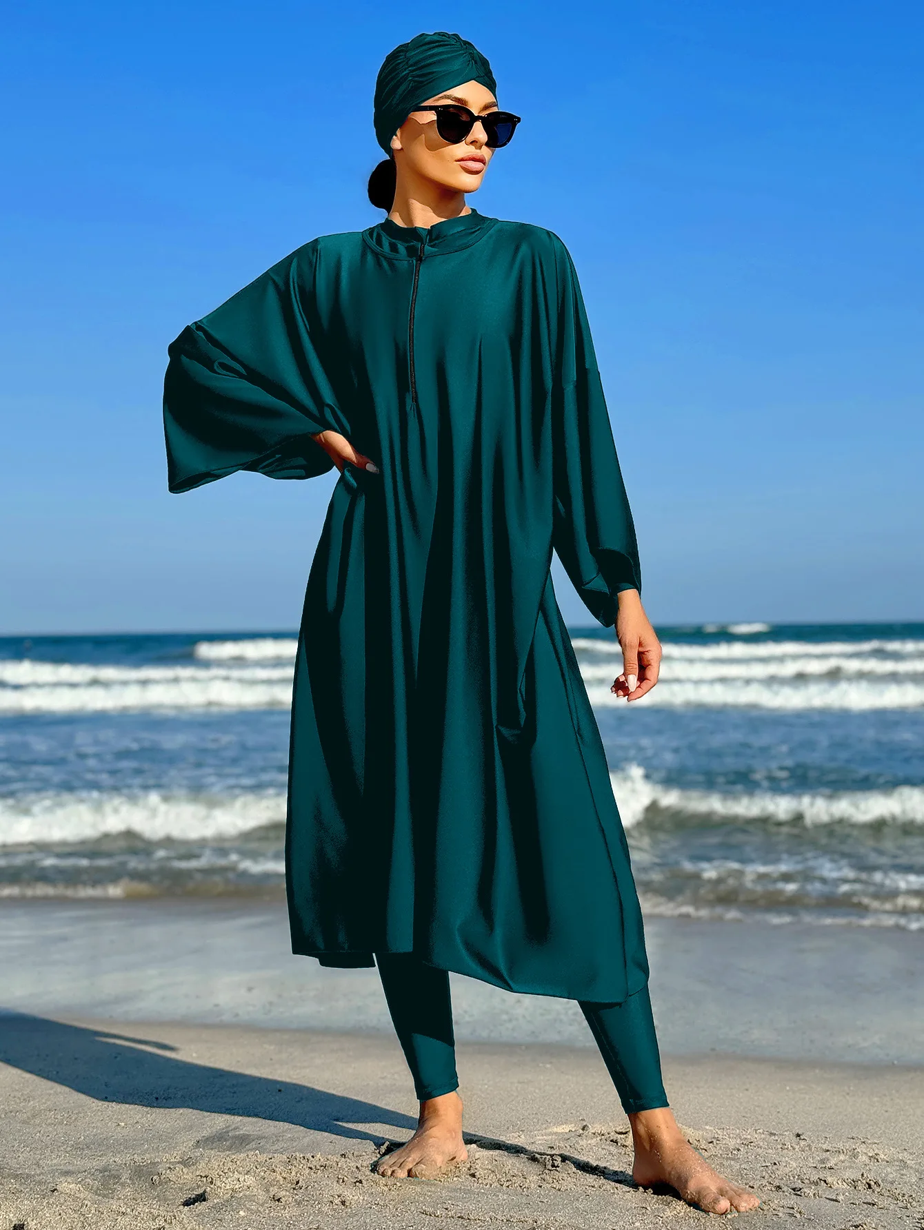 New Burkini Muslim All Covered swimsuit Loose Swimwear for Islamic Women solid color long sleeveed Robe and Pant with Hijab