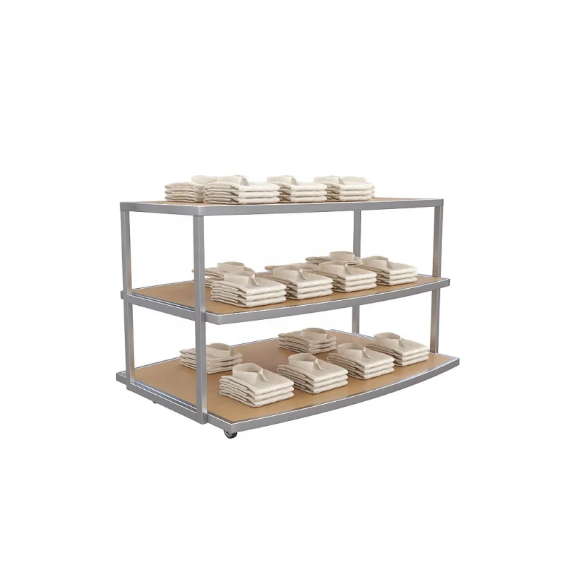 

Custom. Clothing custom movable 3 tiers step wooden top stand clothes display tables for retail shops