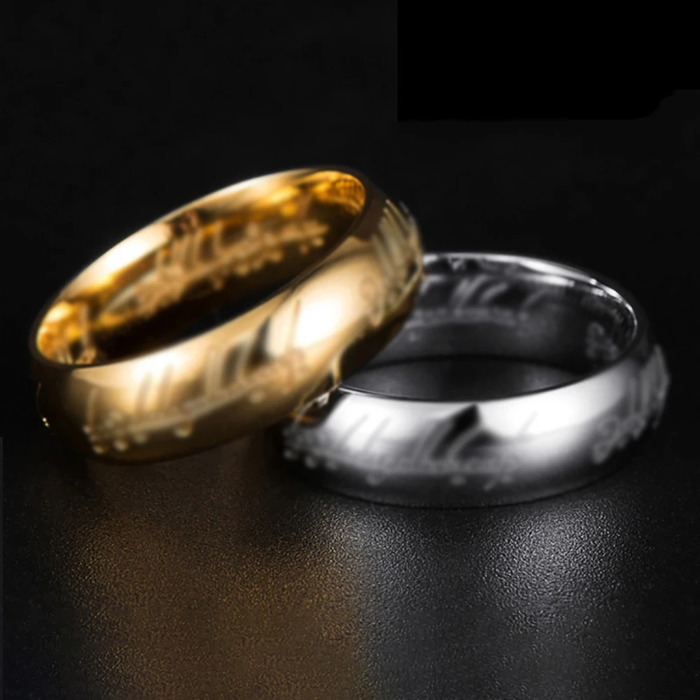 2024New Simple Stainless Steel Gold Color Domineering Carved Ring 3D Runeword Couple Rings Fashion Vintage Male Jewelry Gifts