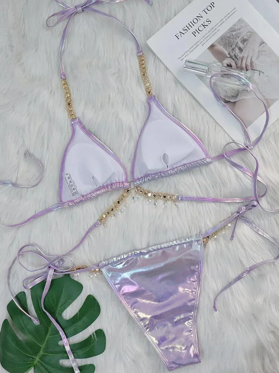 Glänzende PU-Leder-Bikinis 2024, umwickelbarer Diamant-Bikini, Damen-Badeanzug, weibliche Bademode, zweiteiliges Bikini-Set, Badeanzug zum Schwimmen