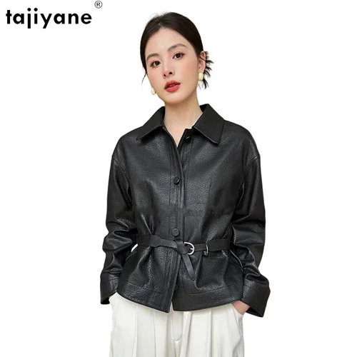 Tajiyane 100% Real Leather Jacket Women Short Coat Slim Turn Collar Genuine Sheep Charming Stylish Belt Office Youth Casual Wear