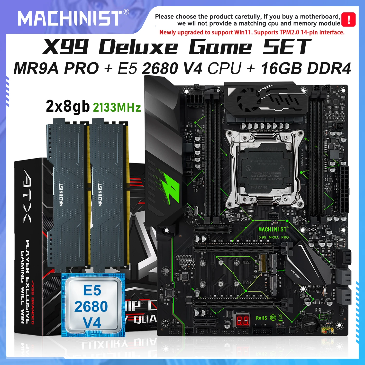 MACHINIST X99 Motherboard MR9A PRO Optional Kit LGA2011-3 Xeon E5-2680 V4 CPU DDR4 2x8G=16GB Memory Dual NVMe M.2 Quad-Channel