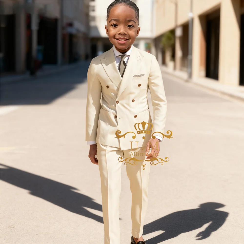 Beige Boy's 2pcs Suit Classic Double Breasted Jacket Pants Tailored Set for Wedding Cocktail Prom Party Child's Dress Gift