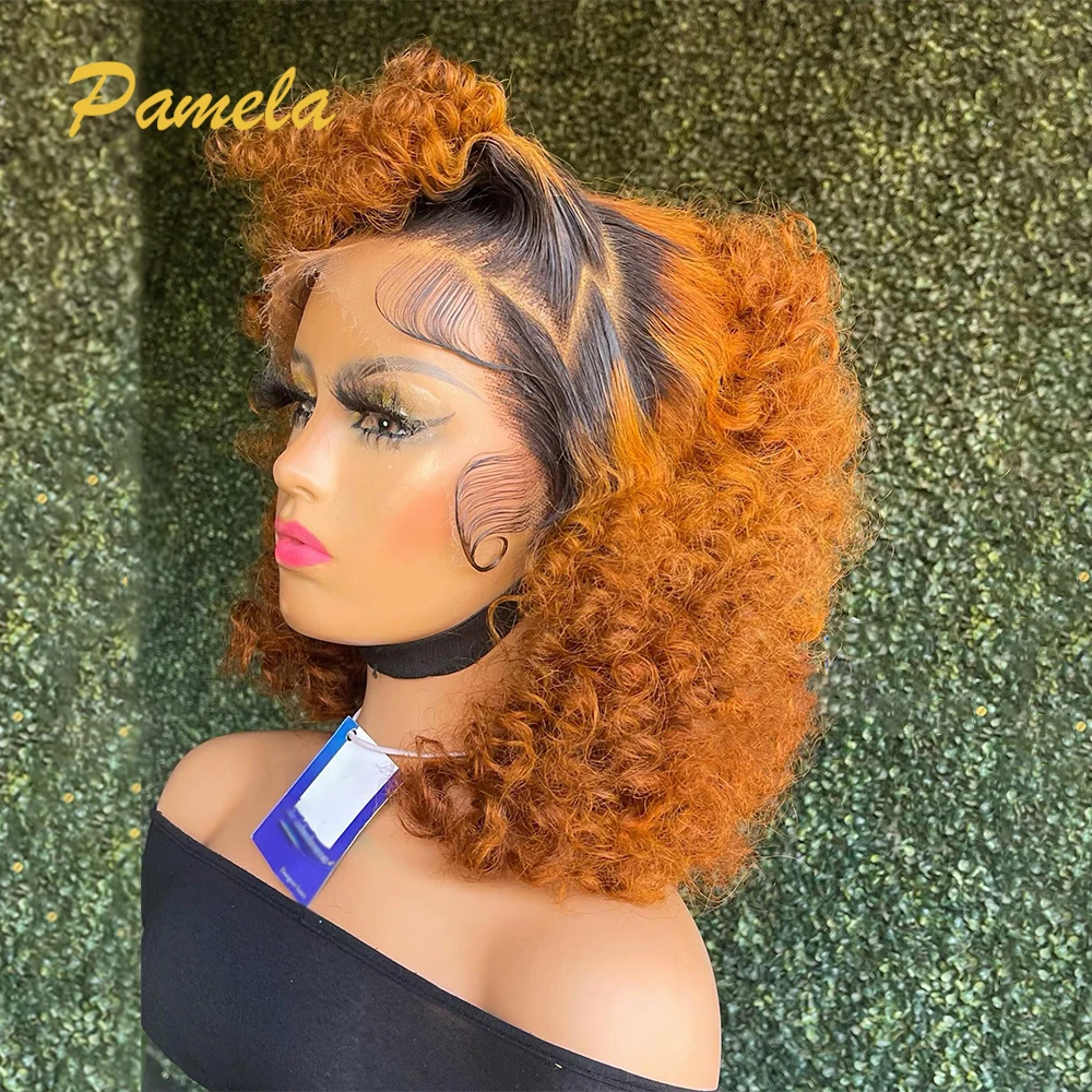 13x4 Ombre Ingwer Orange Kurze Bob Menschliches Haar Perücken Brasilianische 1b/orange Farbige Lockige 180% Dichte Spitze frontal Perücken Für Frauen