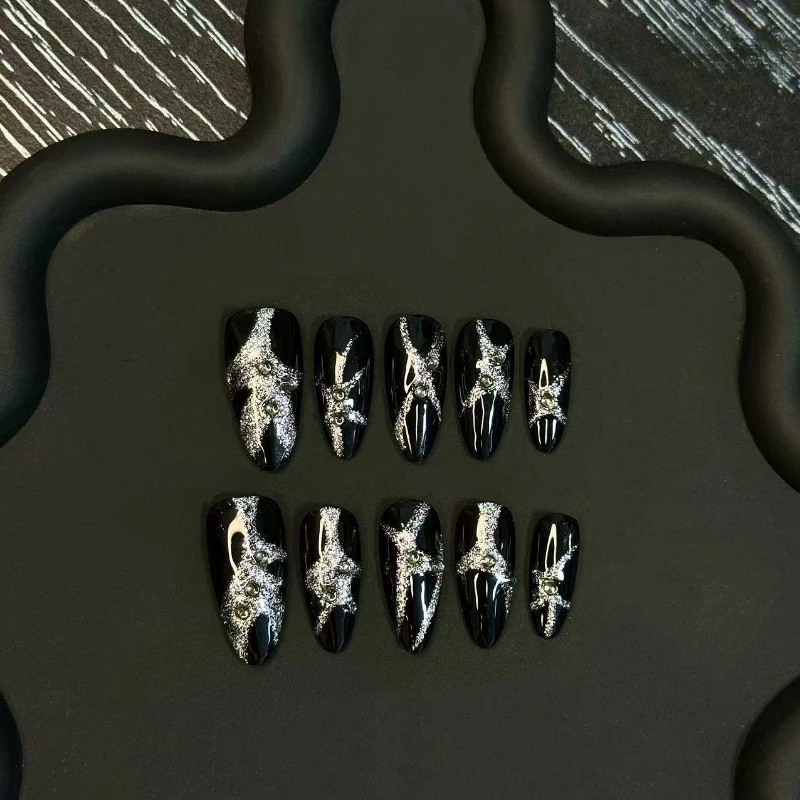 

10PCS Handmade Black Starry Sky Nails White Diamond Press on Nails European American Style Cool Girl Chrome False Nail for Women