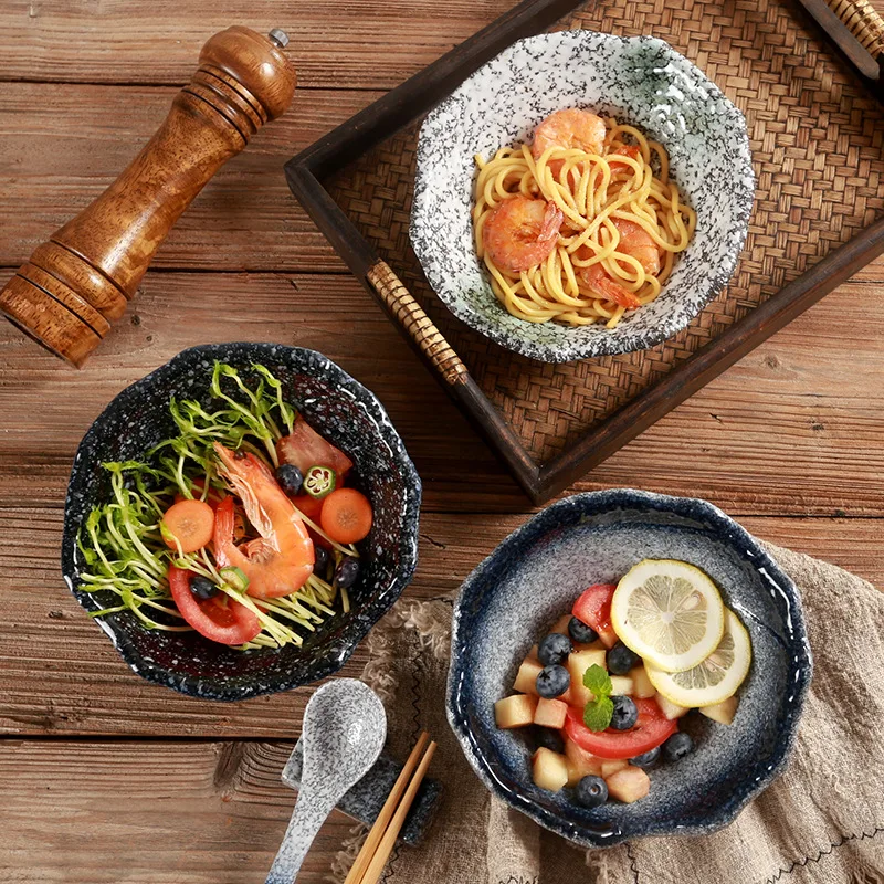 Japanese retro style restaurant tableware, ceramic irregular fruit salad bowl, creative stone art slanted mouth dessert bowl