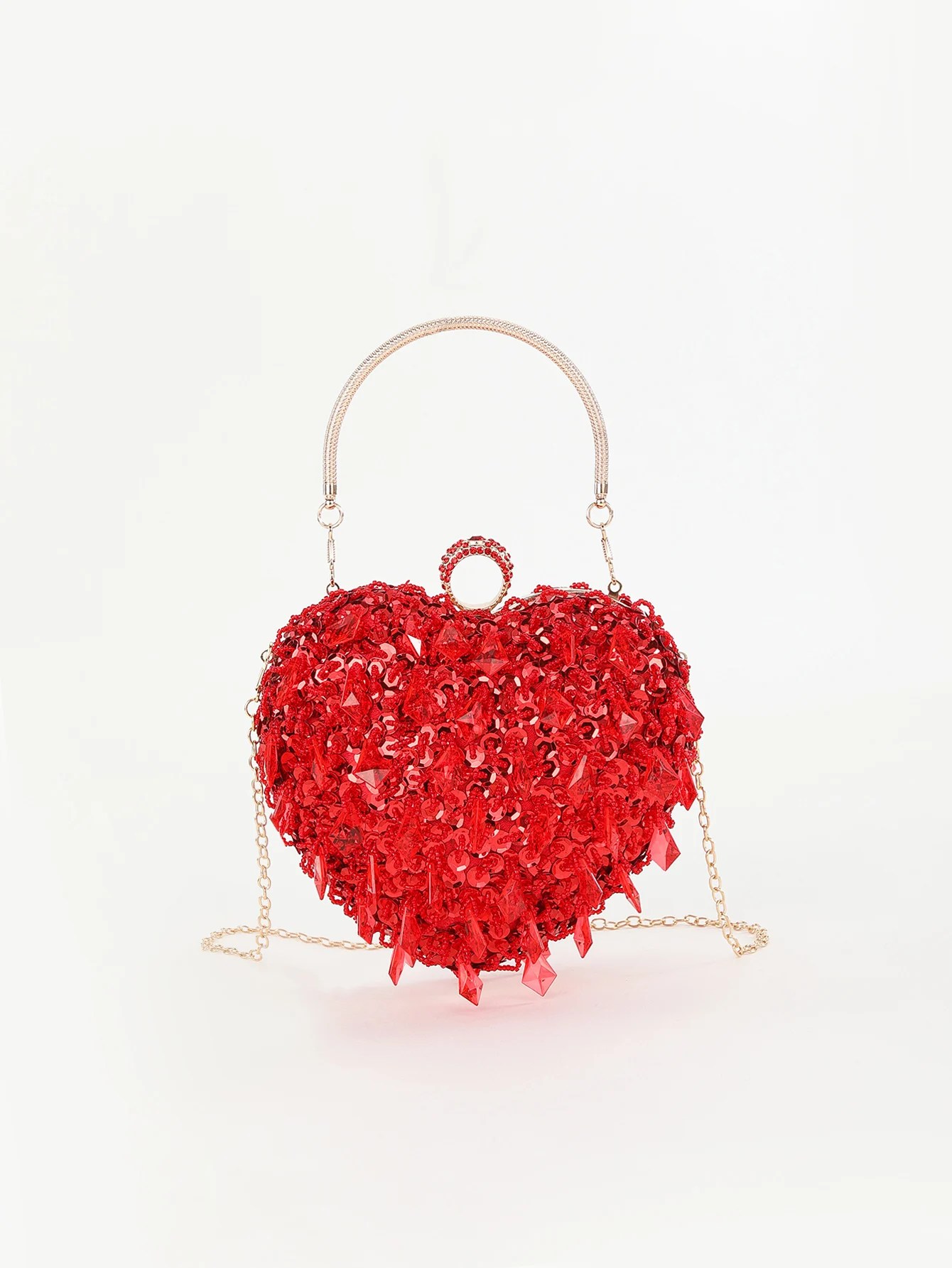 mini Hand-beaded sequin hand crossbody evening bag with red heart shape knucklebox bag for party，wedding and dinner