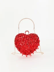 mini Hand-beaded sequin hand crossbody evening bag with red heart shape knucklebox bag for party，wedding and dinner