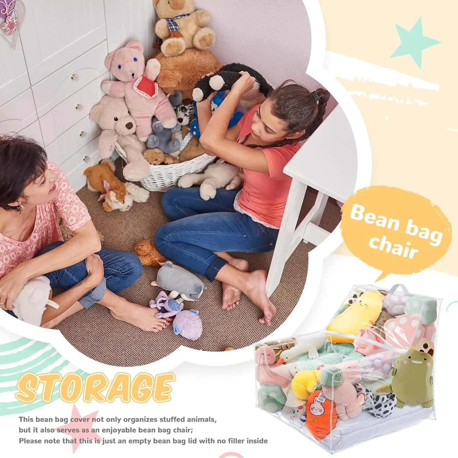 Large Clear Bean Bag Cover for Stuffed Animal Storage 24 Inch Sofa Style
