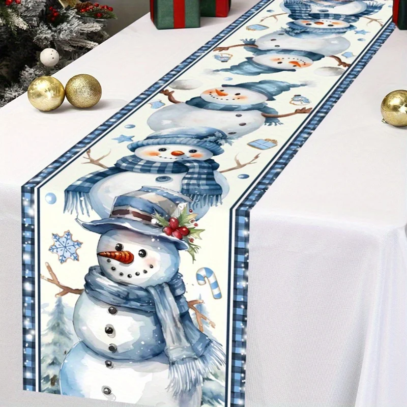 Christmas Blue Snowman Linen Table Runner Holiday Wedding Party Decor Xmas Snowflakes Plaid Table Runners Christmas Decorations