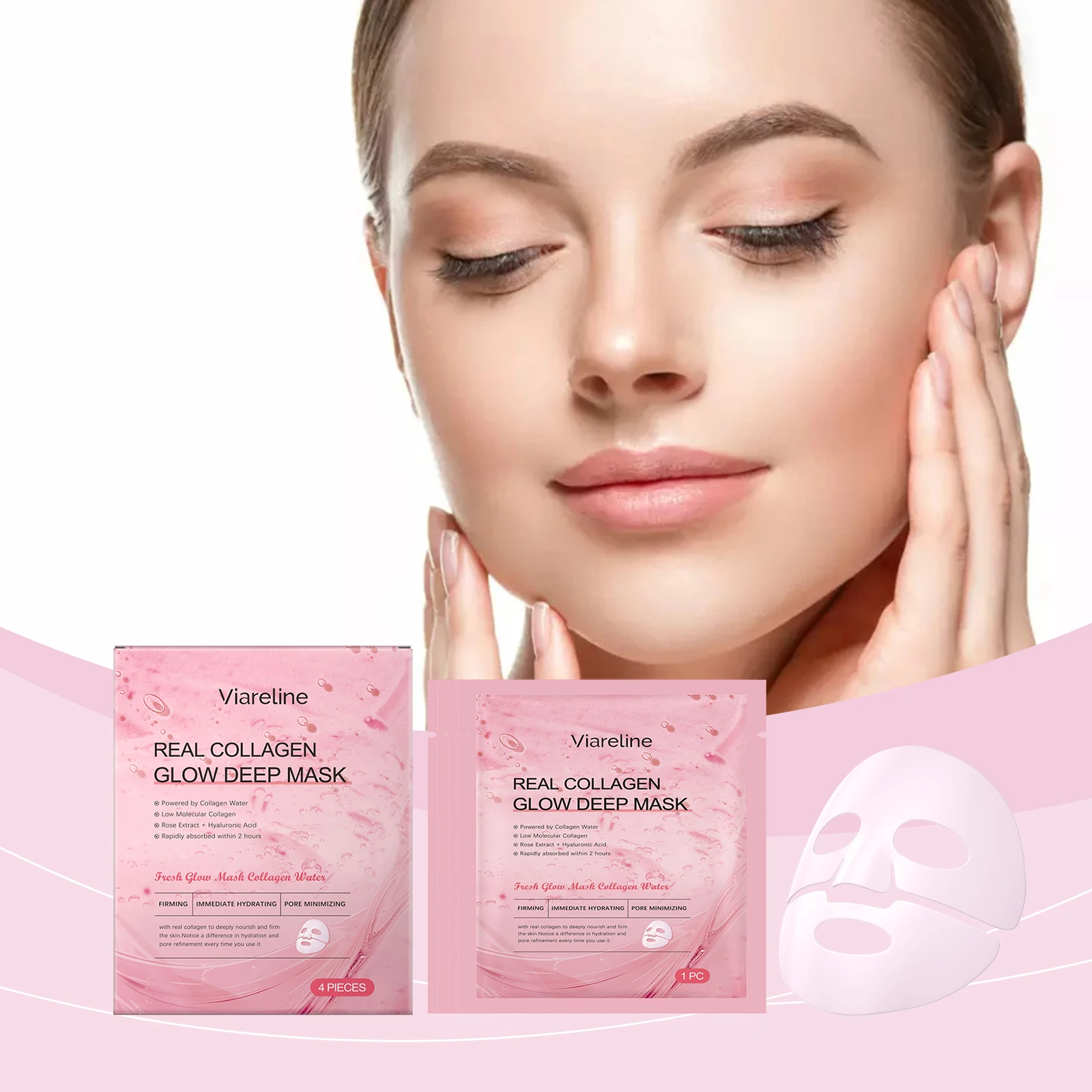 Real Collagen Glow Deep Mask - Conjunto de máscara facial hidratante de 4 peças com água de colágeno e ácido hialurônico |   Plomando instantâneo e poro M