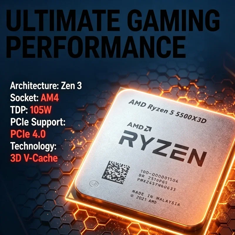 Fast Gaming CPU AMD Ryzen 5 5500X3D 4.0GHz 6 Cores 12 Threads 96MB L3 AM4 Desktop Processor