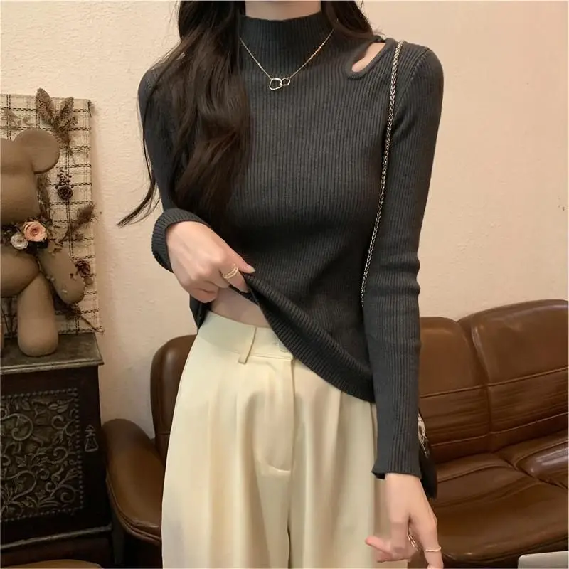 Thiened f High Collar Sweater Women's Base irt oulder Exposure Hollow Design Autumn Winter New Sle Faionable Top