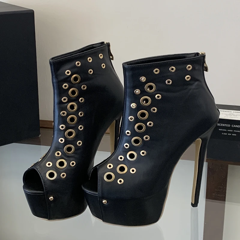 Aneikeh Fashion Black Leather Eyelet Platform Ankle Boots Women Peep Toe Super High Stiletto Back Zipper Nightclub Booties
