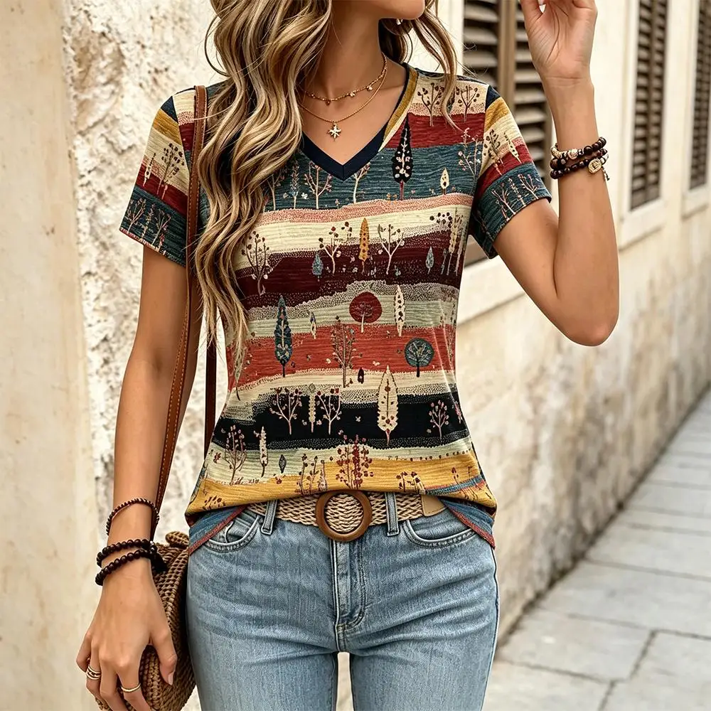 Bohemian-style Print Women's T-shirt Retro Ethnic Pattern V-neck Short Sleeve Tops Cozy Breathable Summer Vacation Casual Tee