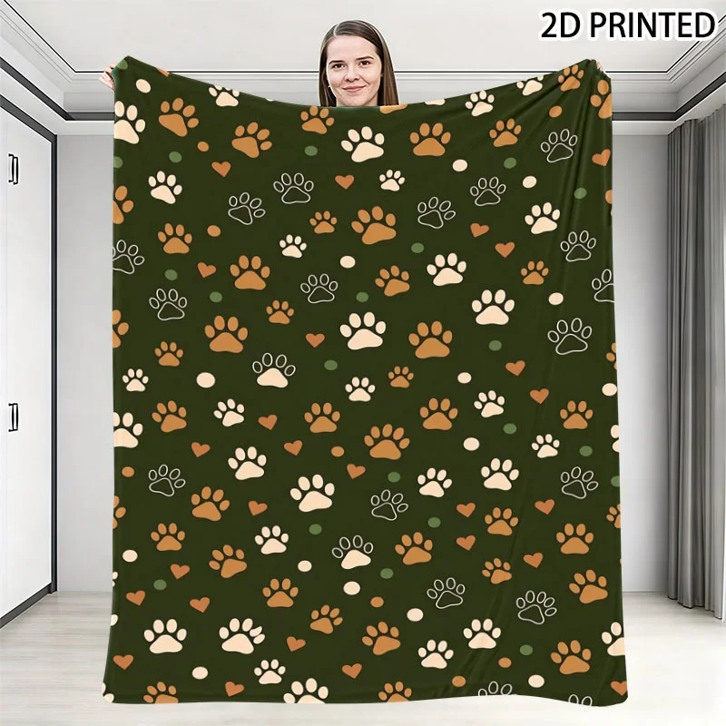Playful Pet Paw & Heart Print Small Throw Blanket, Cozy Warm Nap Cover with Dark Green Background Seamless Pattern, Multiple Spe