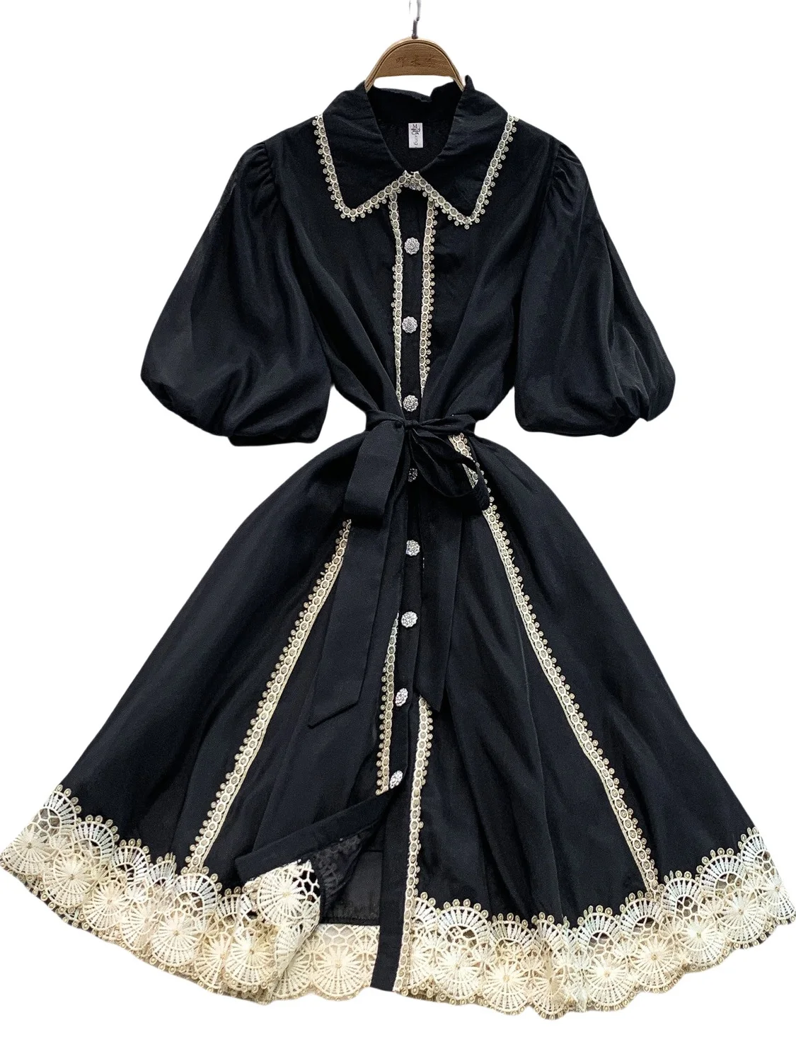 Retro Sweet Lace Trimmed Collar Dr Women's New Single Button Waist Cinching Slimming Midi Skirt Korean Sle Commute