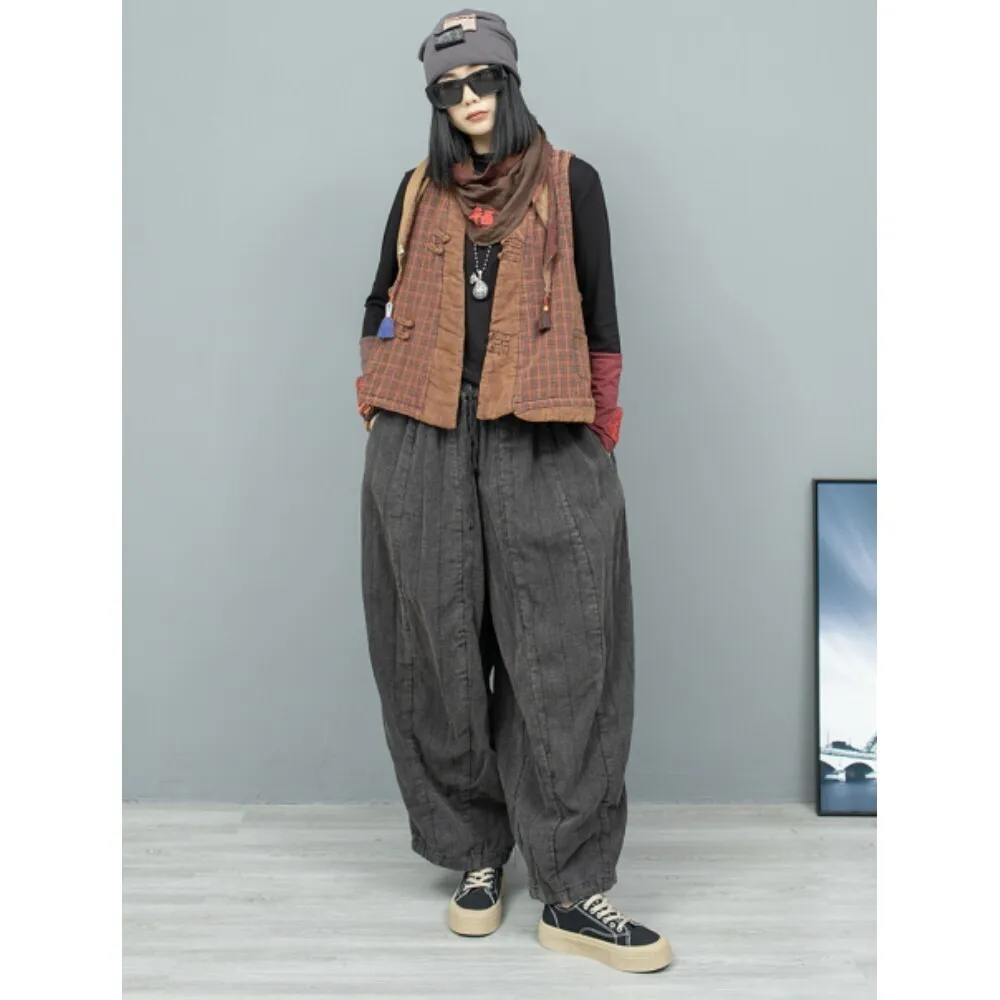 Linen Plaid Buckle Clip Cotton Vest + Double-layer Pants Two-piece Set Women 2024 Autumn Winter Fashion Suit ZF219