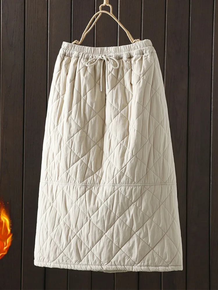 Artistic Simple Diamond Grid Cotton Half Skirt Women's Winter High Waist Belted Straight A-Line  Skirt plus Size